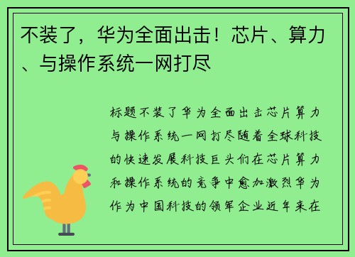 不装了，华为全面出击！芯片、算力、与操作系统一网打尽